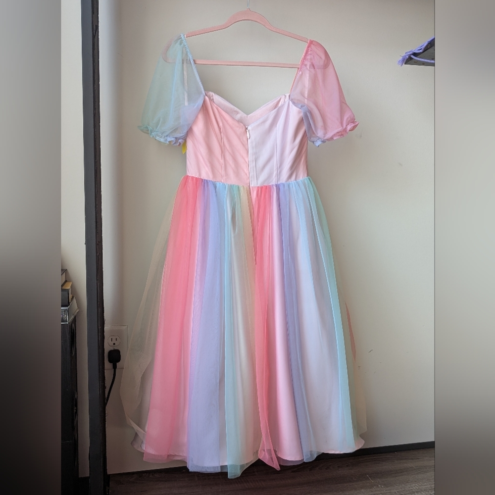 Fairy Collectif Skylar Pastel Rainbow Puff Sleeve Babydoll Swing Dress Small - Picture 3 of 14